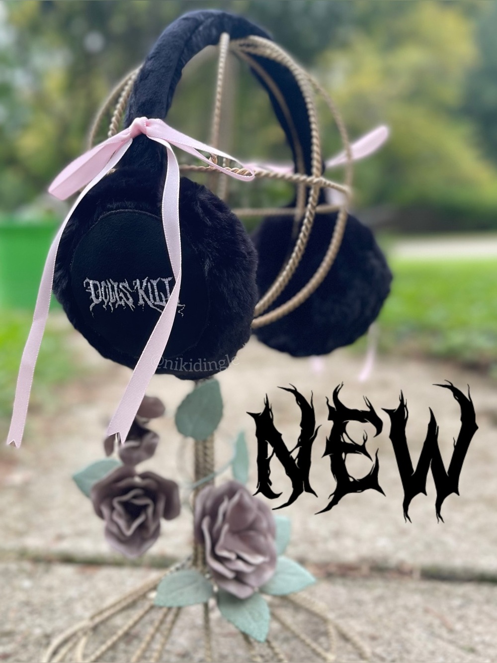 NEW Exclusive Dolls Kill Merch Fuzzy Ear Muffs Bow Faux Fur Goth Winter Punk